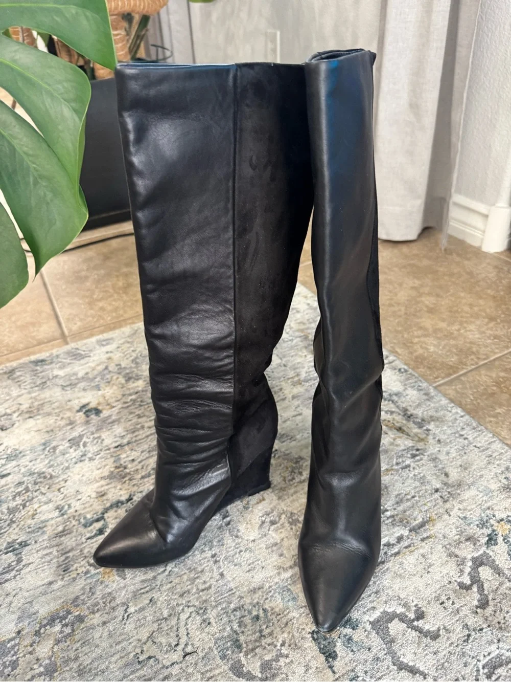 All Saints Black Leather and Suede Over-the-Knee Wedge Boots